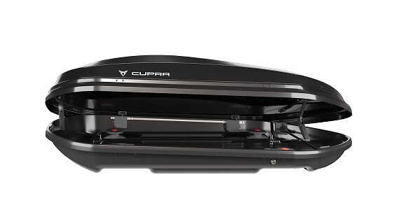  A black roof box for a car, shown open with its empty interior visible.