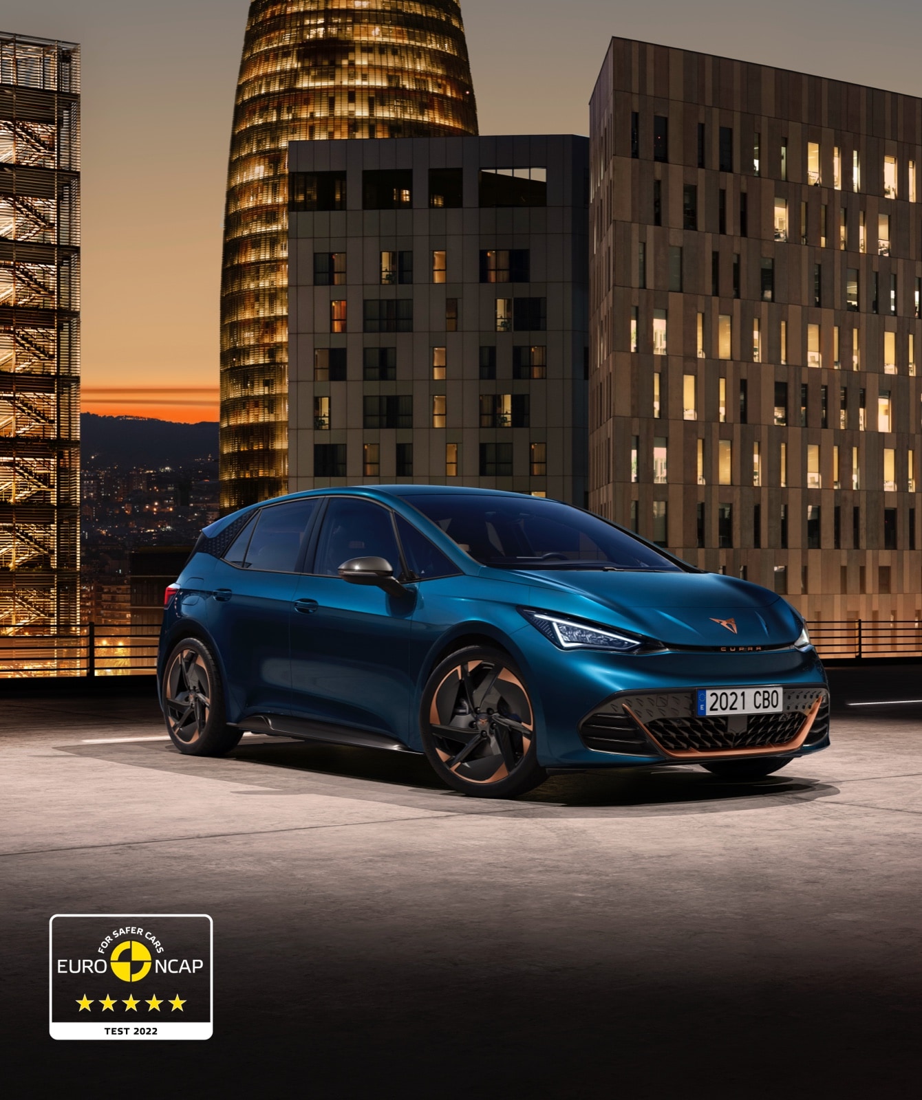 CUPRA Born Aurora Blue colour with copper and black aero blizzard wheels