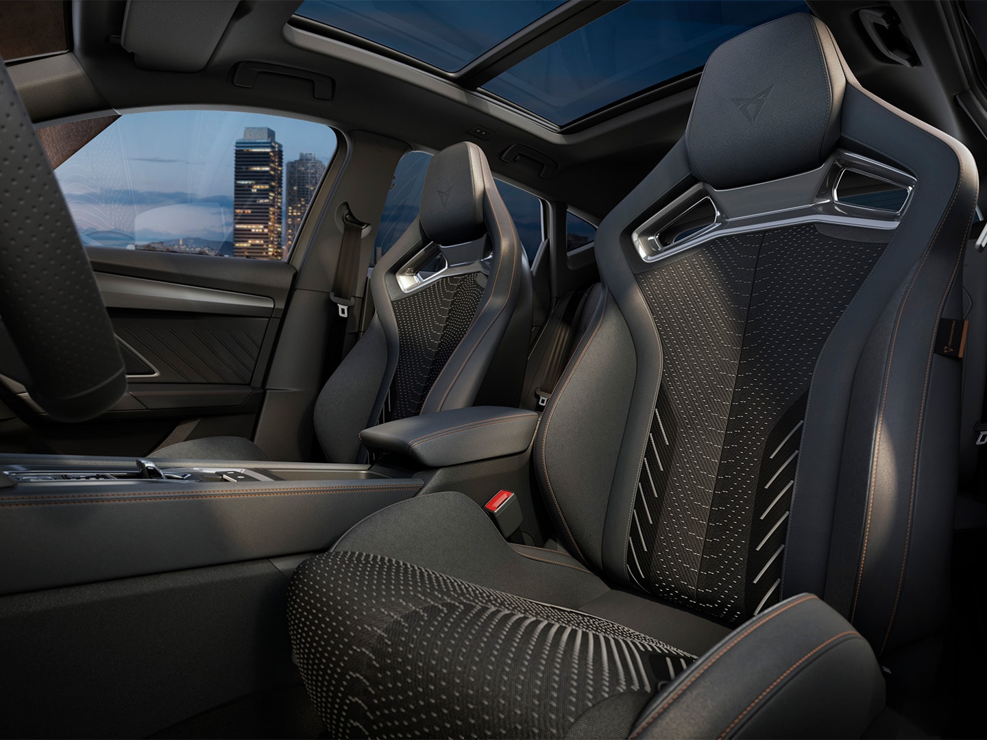 CUPRA Formentor 2025 extreme interior design, cockpit and drivers' area, performance brakes, CUP bucket seats and dark chrome interior mouldings. Includes intelligent drive, pure performance and immersive by Sennheiser™ upgrades.