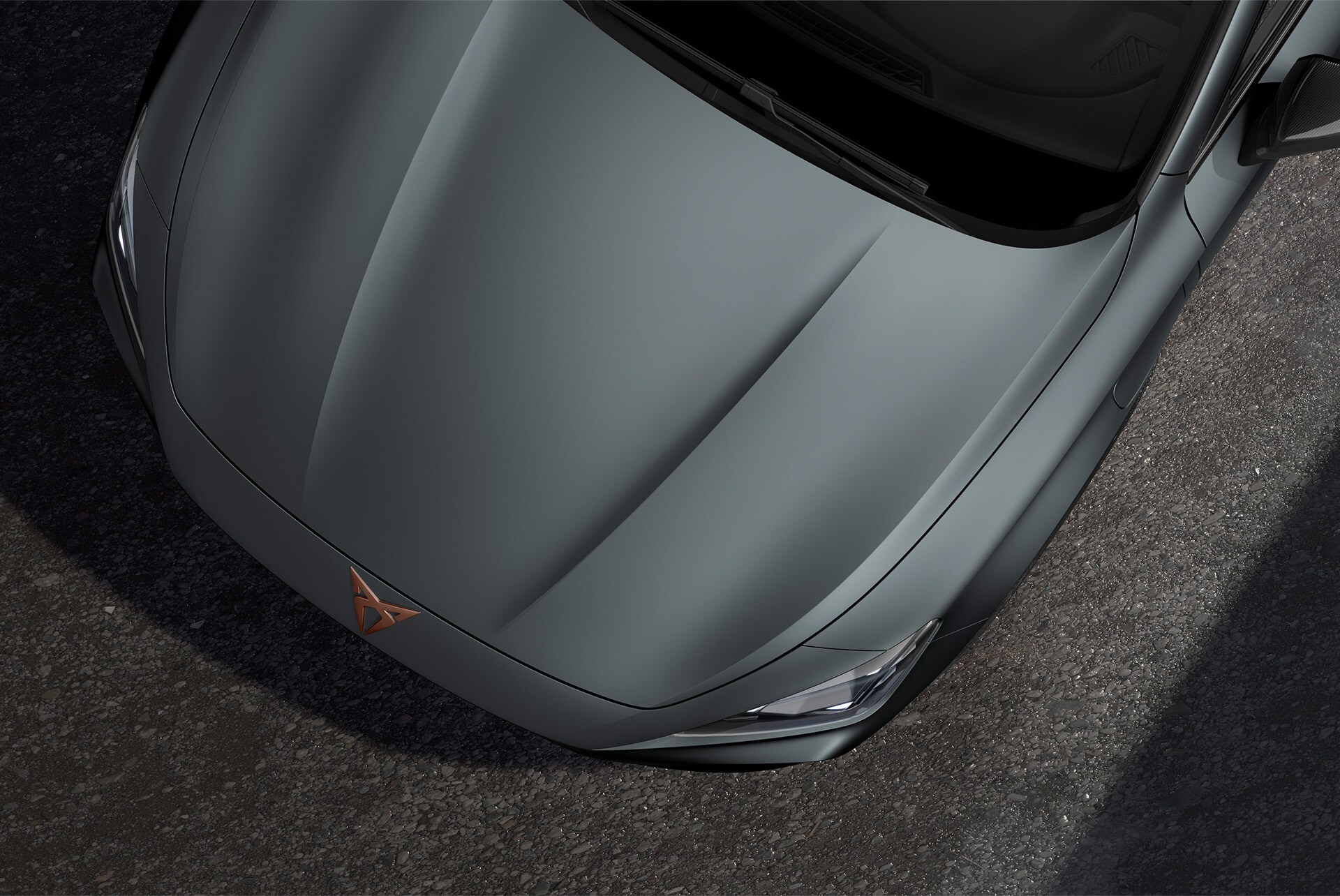 Upper shot of the front nose of the CUPRA Formentor in Enceladus Grey Matt.