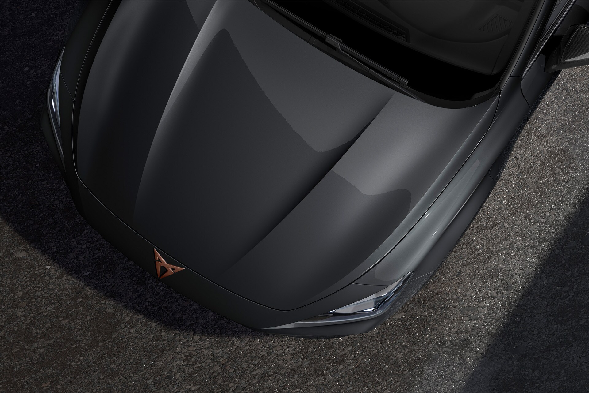 Upper shot of the front nose of the CUPRA Formentor in Manhattan Grey with metallic finish.