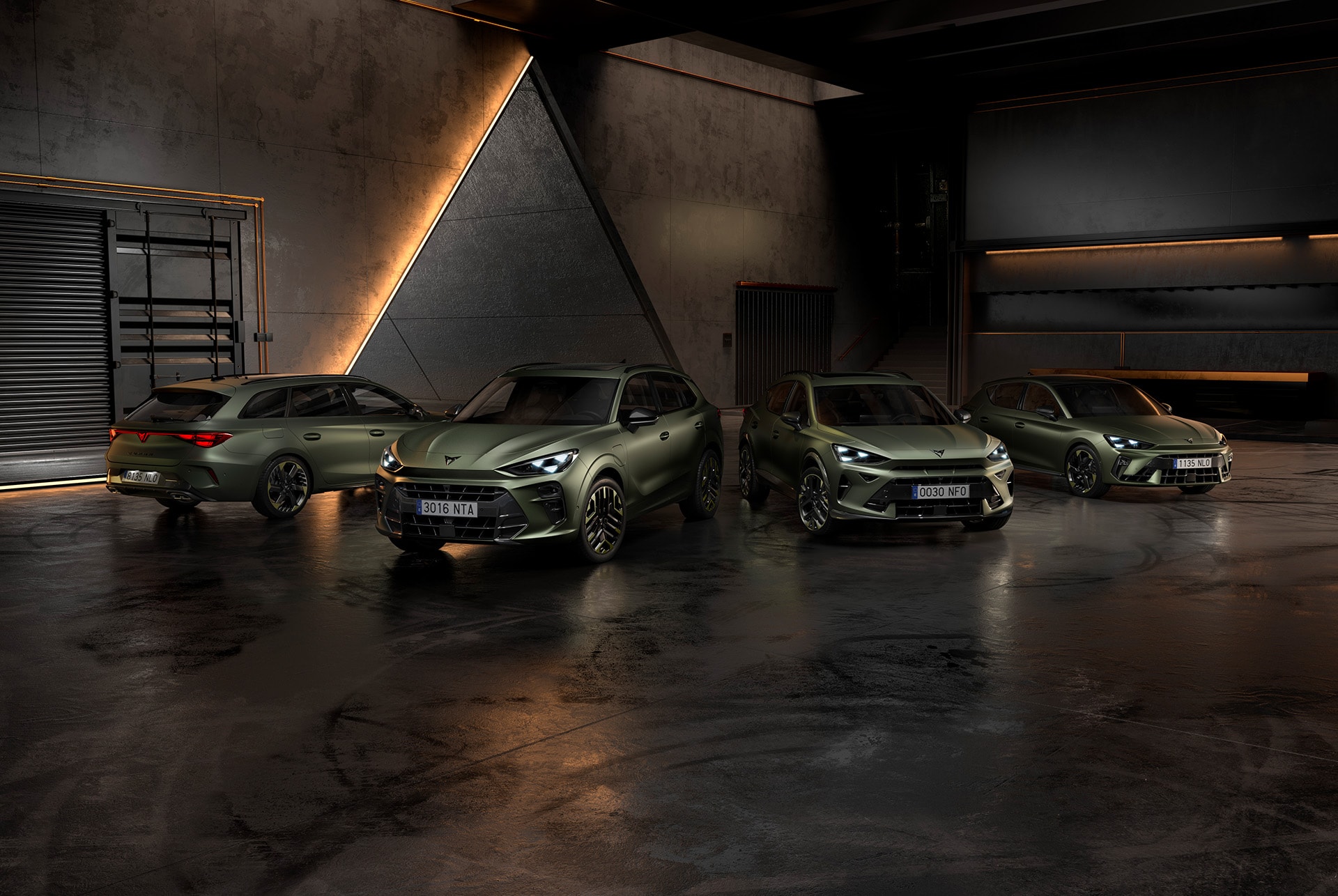 CUPRA Tribe Editions lineup—Formentor, Leon, Leon Sportstourer, and Terramar—parked in a garage setting, all in Manganese Matt finish.