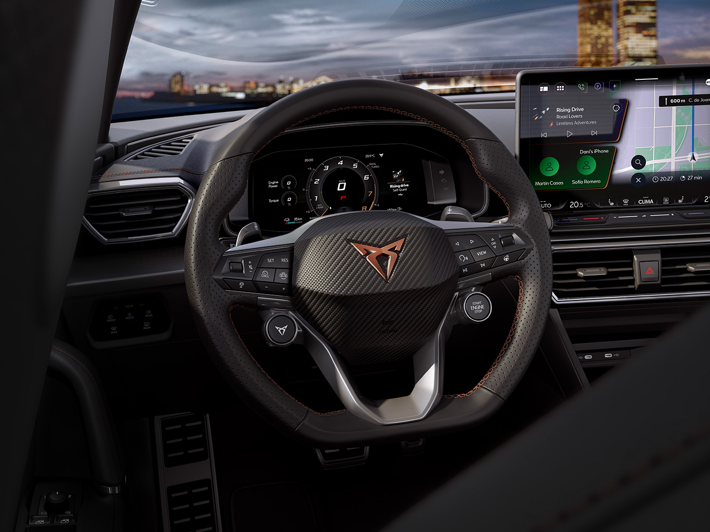 Interior details of the CUPRA Leon, such as the steering wheel or the infotainment system, which include Park Assist, Pre-Crash and Lane Keeping among other features from the Intelligent Drive Pack.
