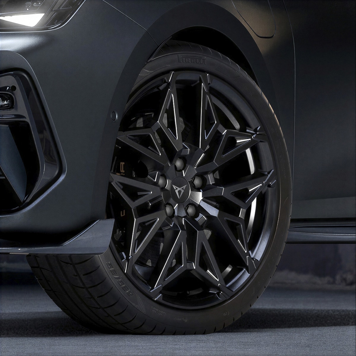 Close-up of the multi-spoke 19-inch Custom alloy wheel in Sport Black Matt for the CUPRA Leon 5D.