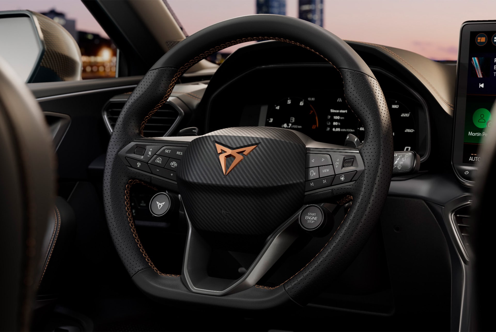 new cupra leon sportstourer 2025, steering wheel with satelite controls,  safety tech advanced assistance systems, adaptive cruise control, lane keeping and live dynamic road sign display.