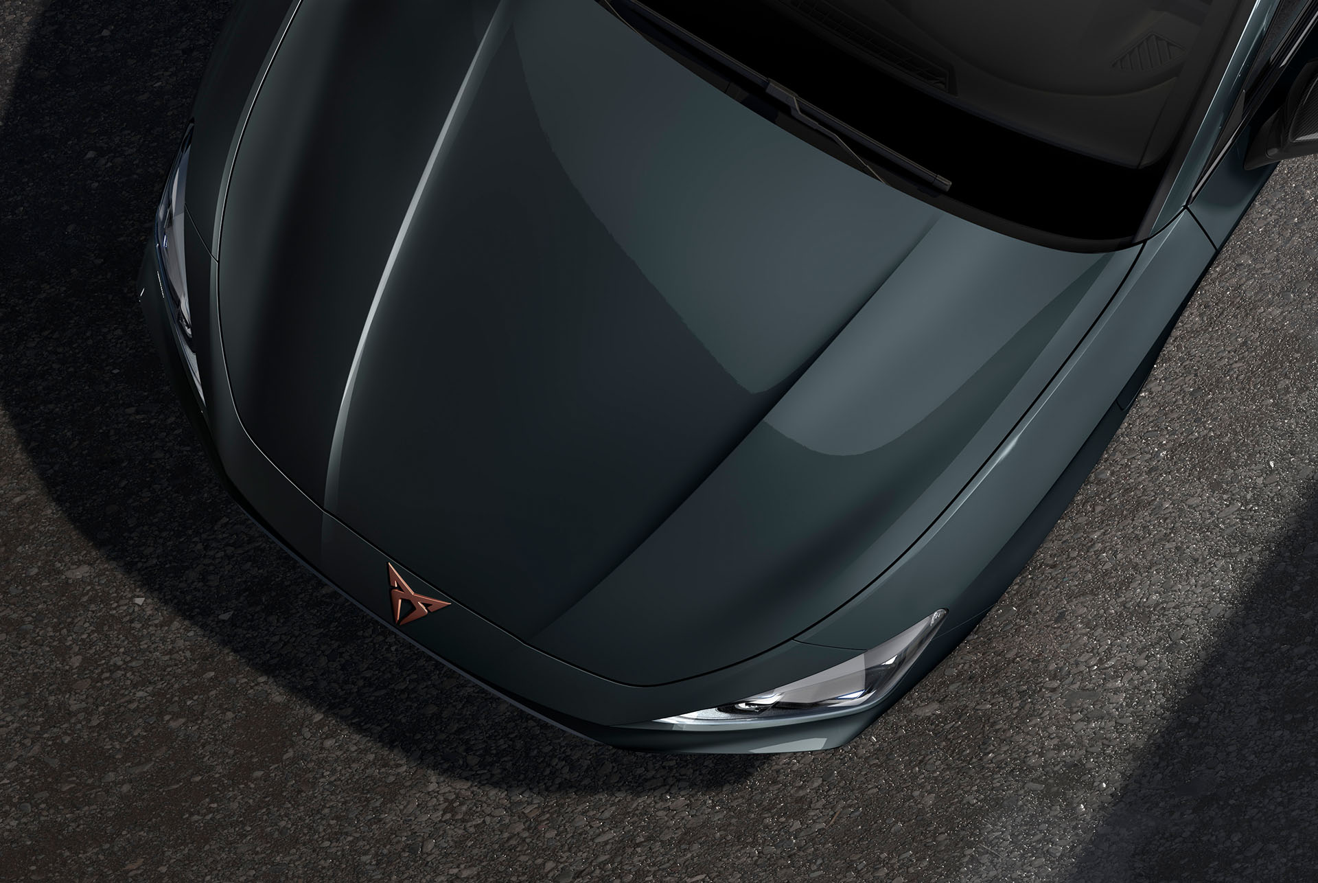 bird’s eye view of a fiord blue new cupra leon sportstourer 2025 car hood