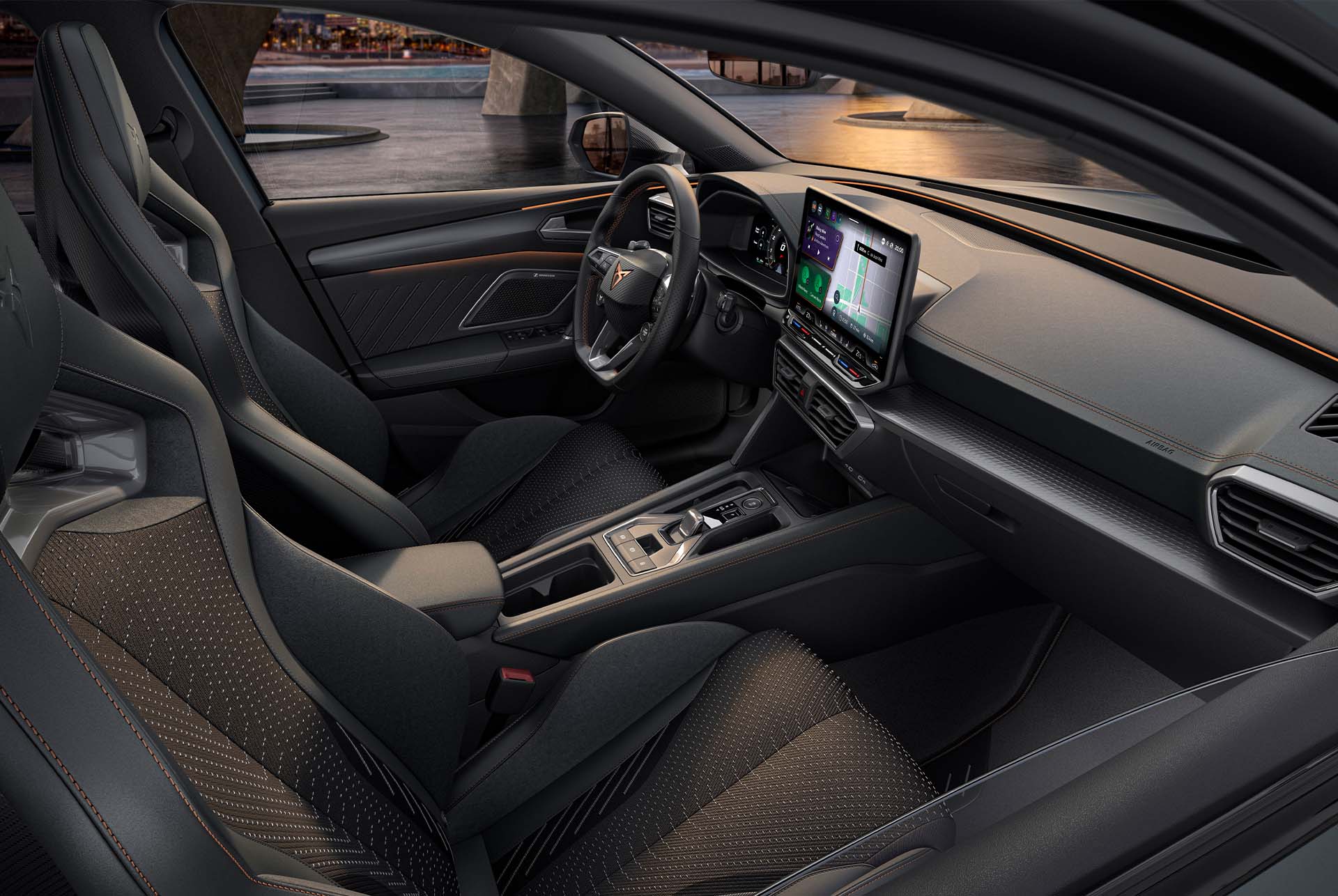new cupra leon sportstourer 2025 extreme interior design, sporty cup bucket seats with heating and electric, with memory settings for both driver and front seat passenger.