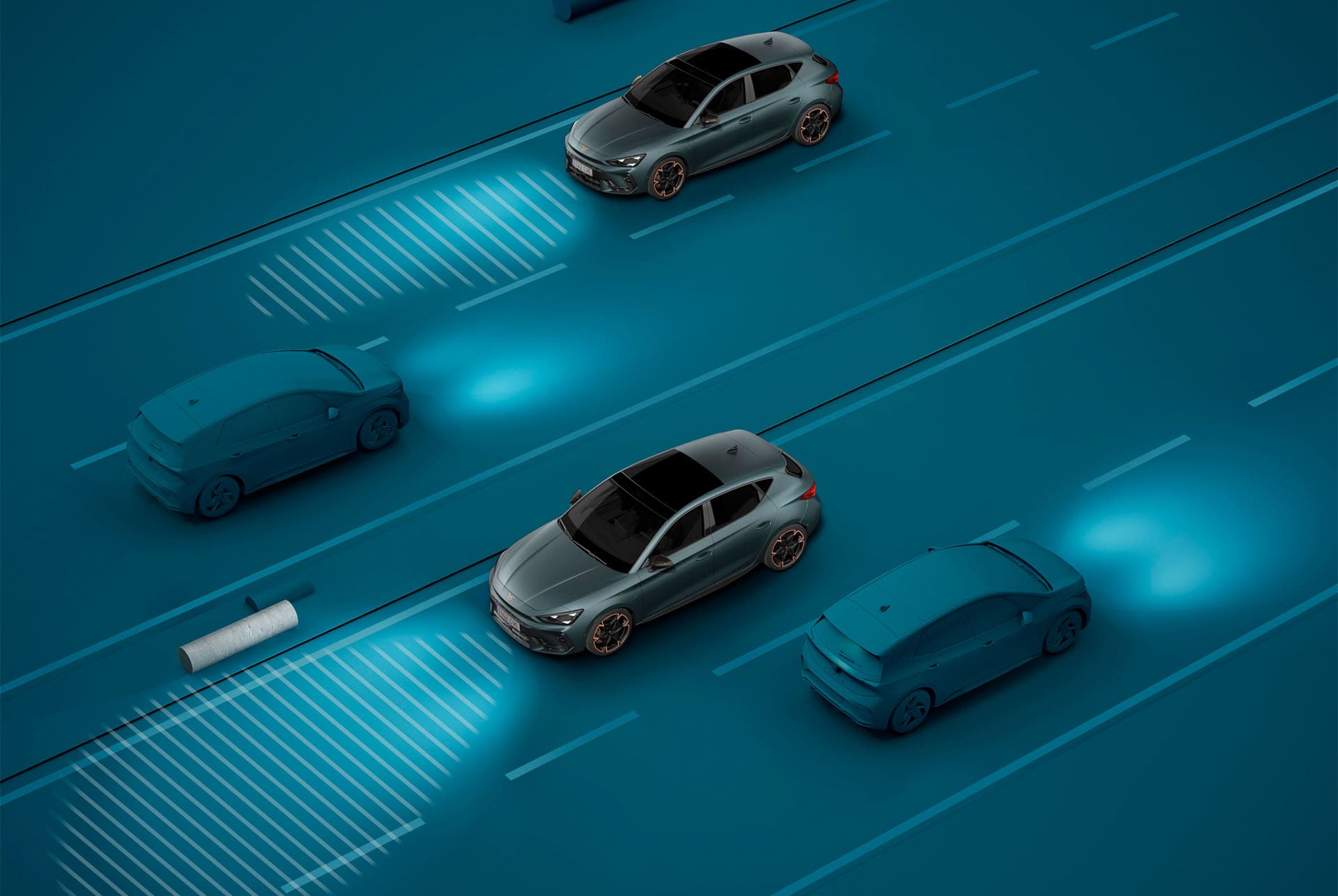 new cupra leon sportstourer 2025 light assist demo, blue background visual demonstration
