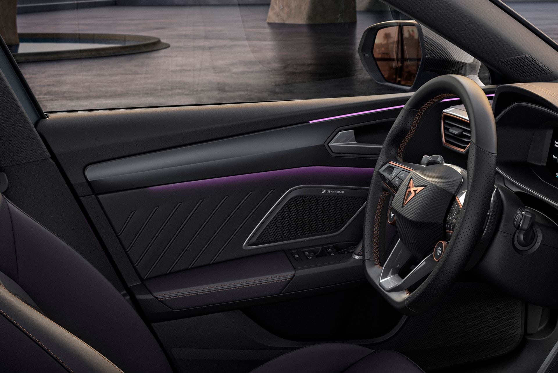 close up of new cupra leon sportstourer 2025 interior design, sterring wheel, door panel, ambient lighting, cupra logo and window