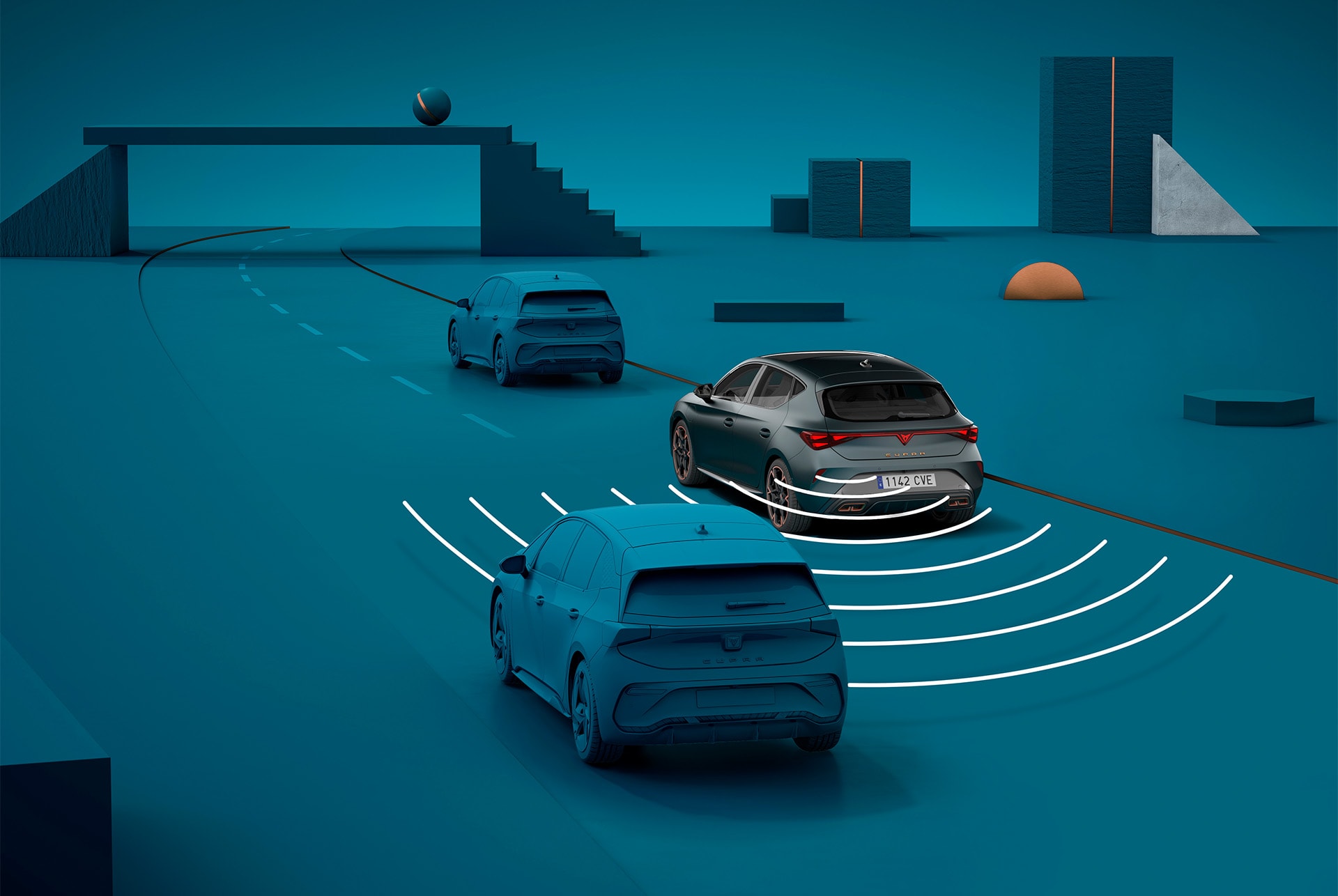 how to use new cupra leon 2025 exit warning system, visual demo with shapes and blue background