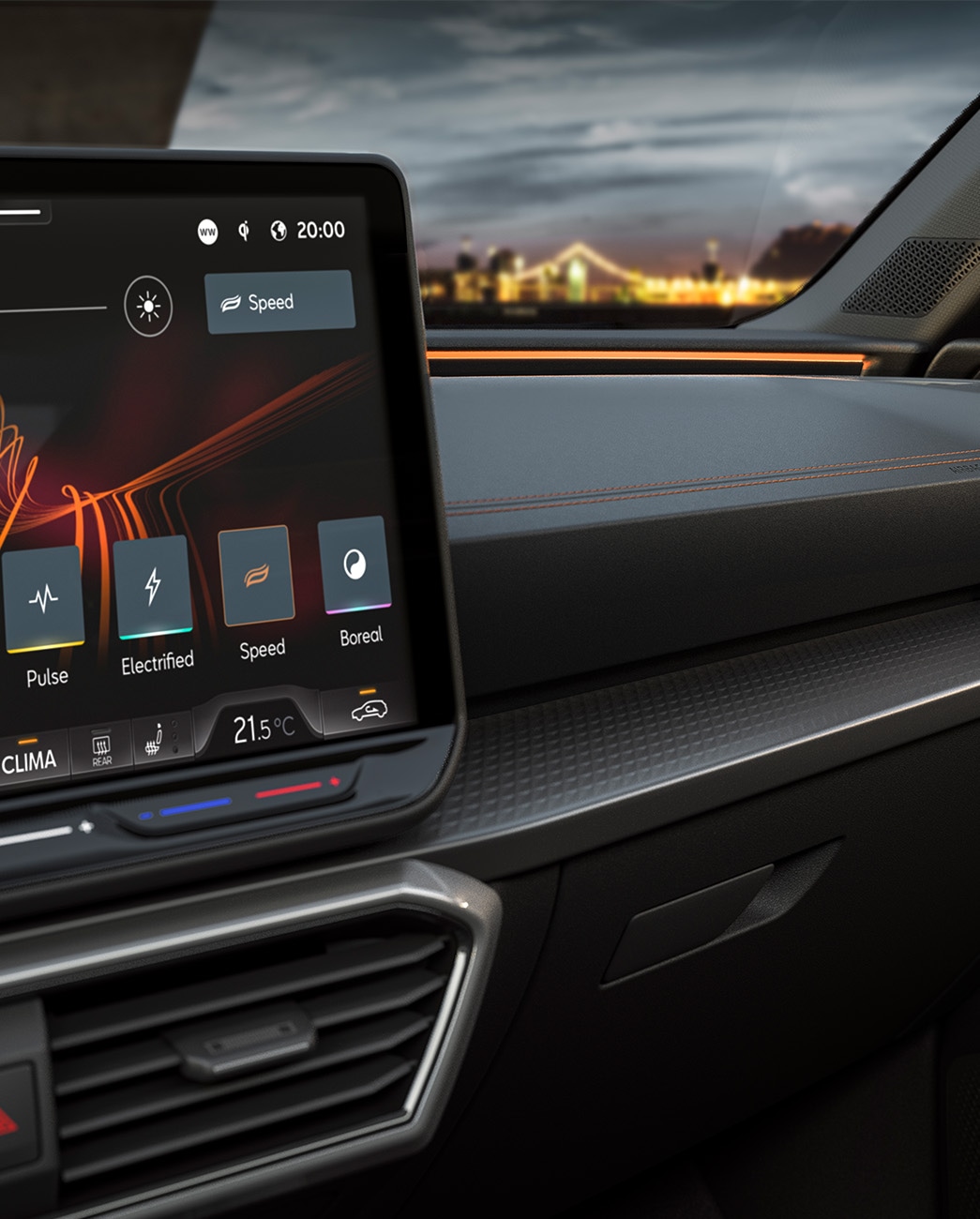 new infotainment system inside the 2025 Cupra Leon, dashboard interior, wing mirror, air vent and glove compartment.