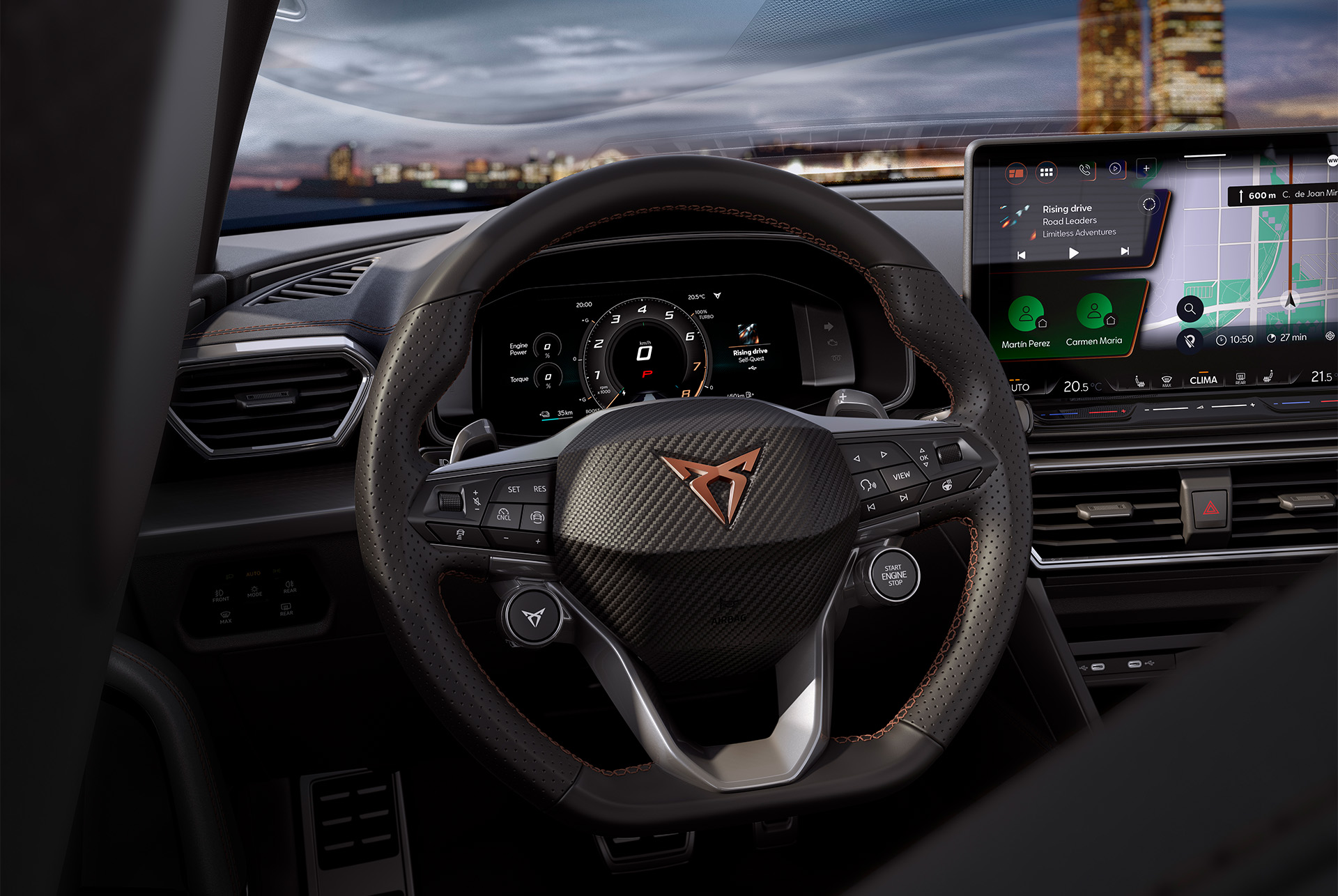new cupra leon 2025 intelligent drive steering wheel with satellite controls,  safety technology advanced assistance systems, adaptive cruise control, lane keeping and live dynamic road sign display.