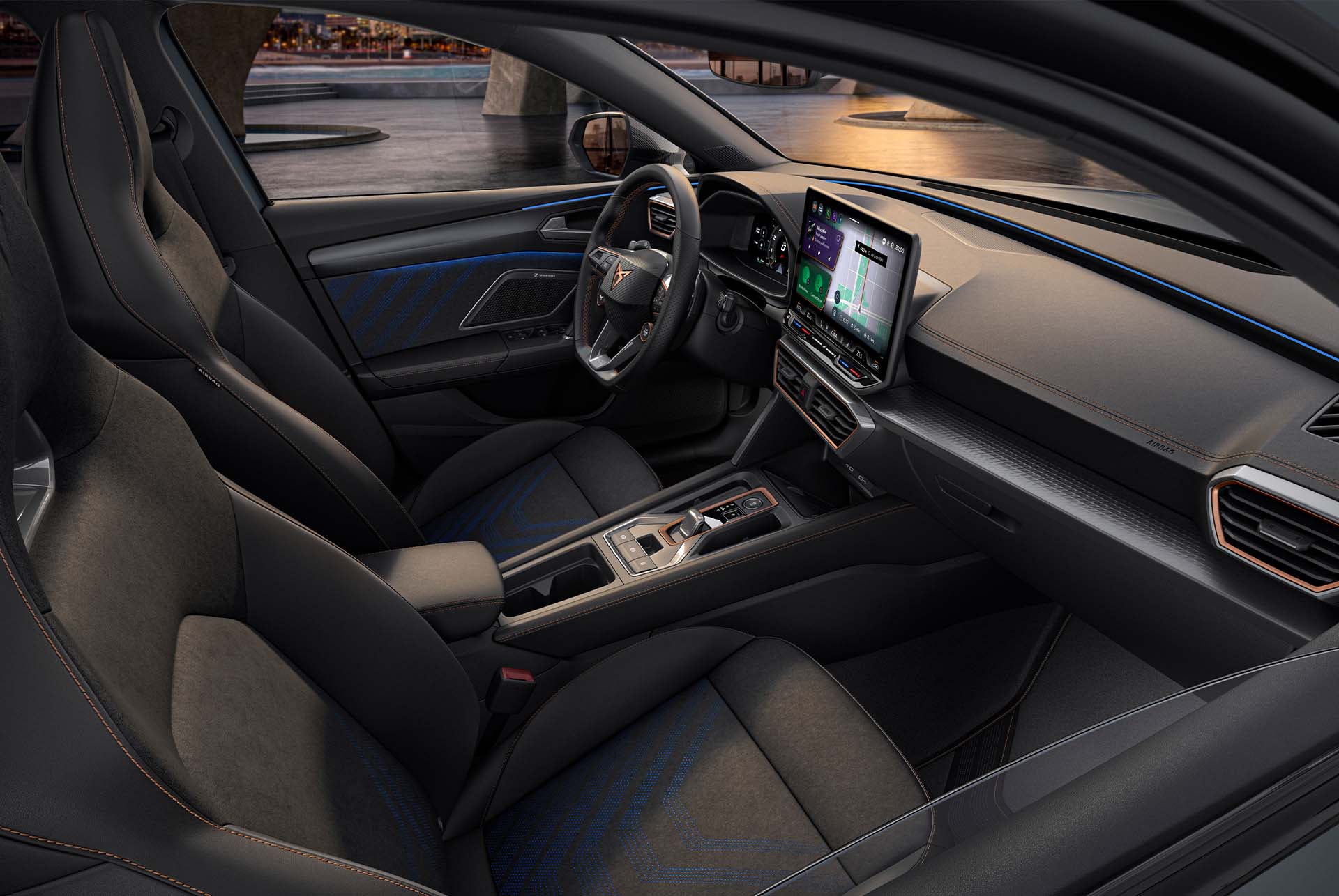 : new cupra leon 2025 hybrid car dynamic interior design, bucket seats made from recycled vegan microfibre material, electric memory functions and heating settings.