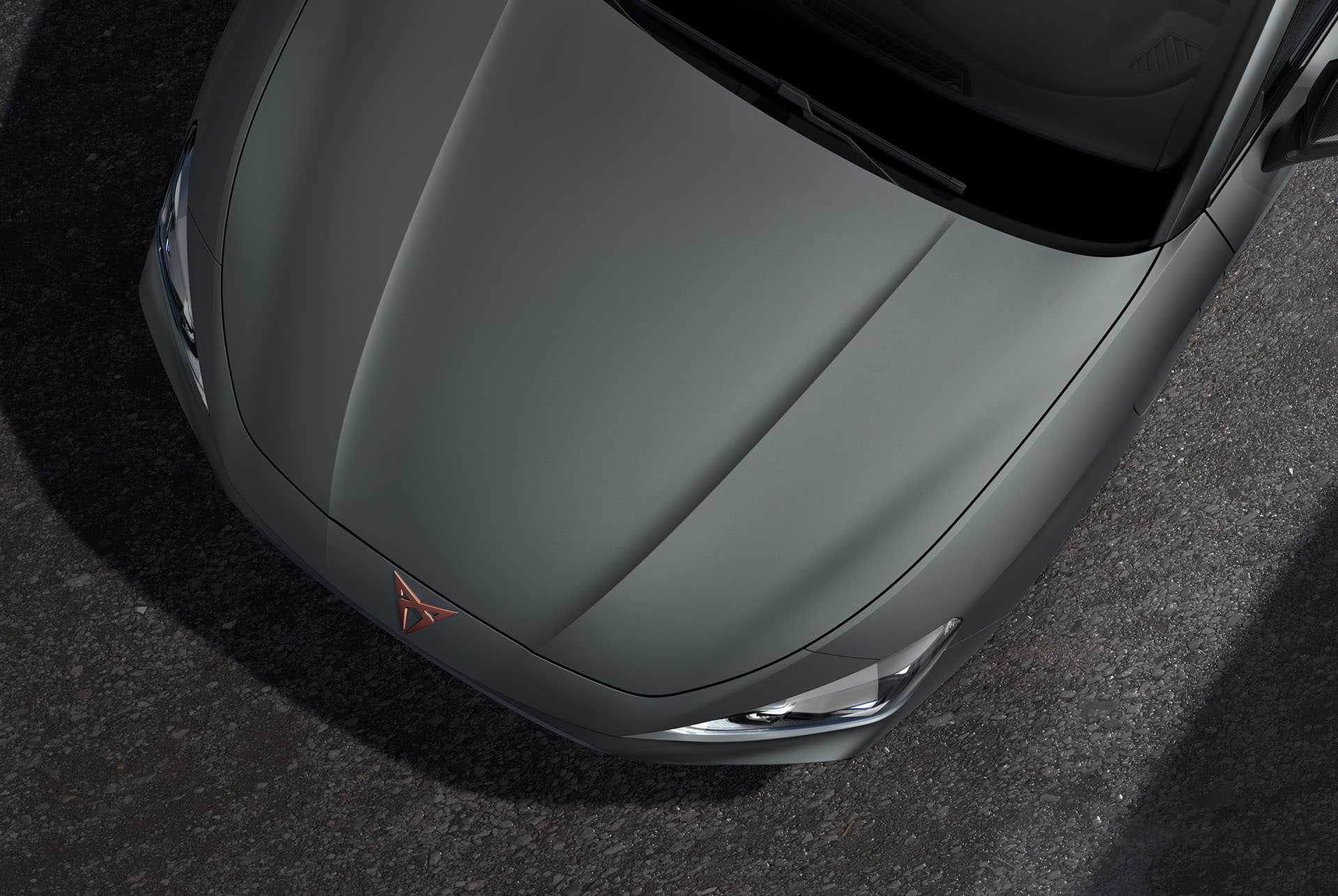 bird’s eye view of an enceladus grey matt new cupra leon 2025 car hood