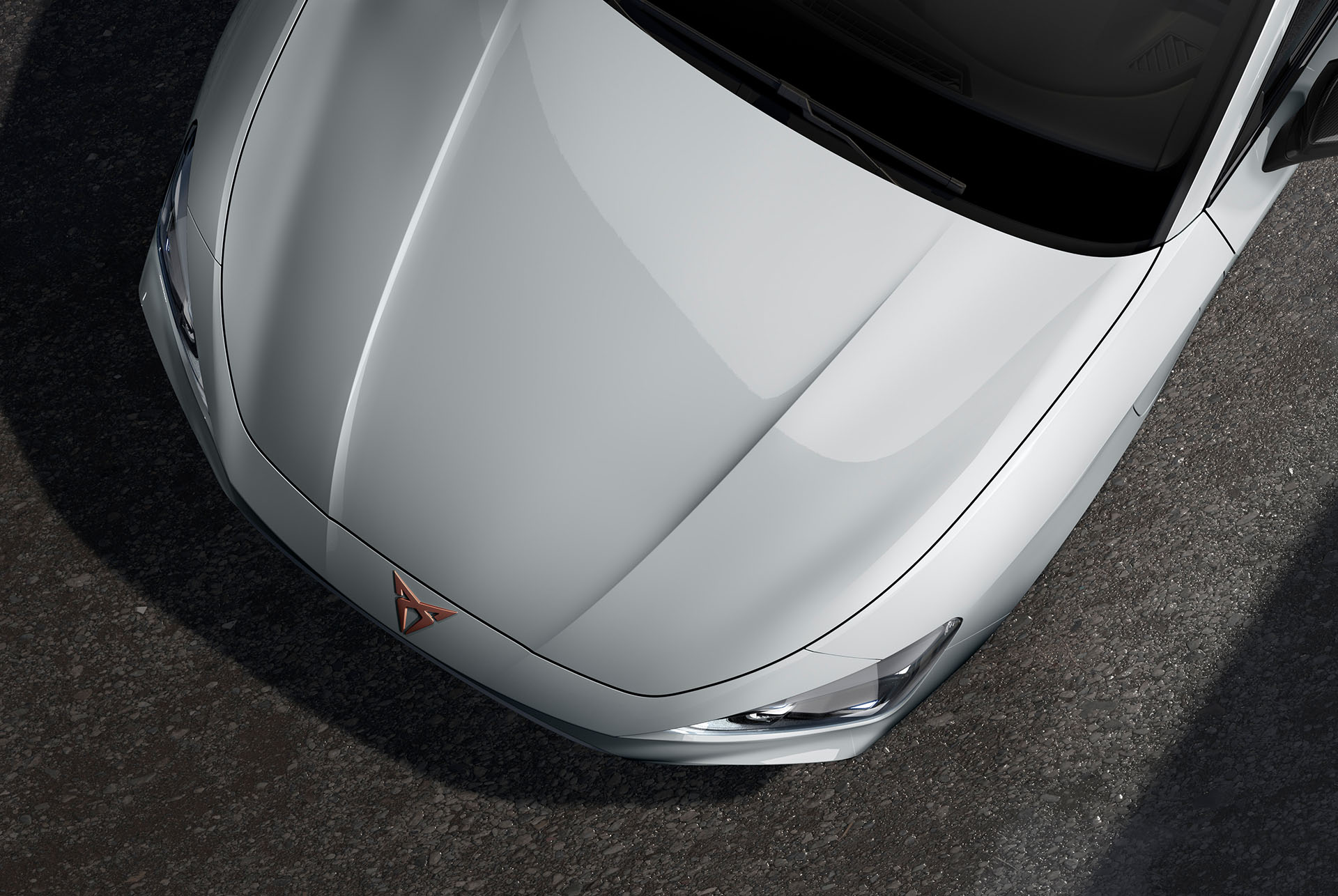bird’s eye view of a glacial grey new cupra leon 2025 car hood