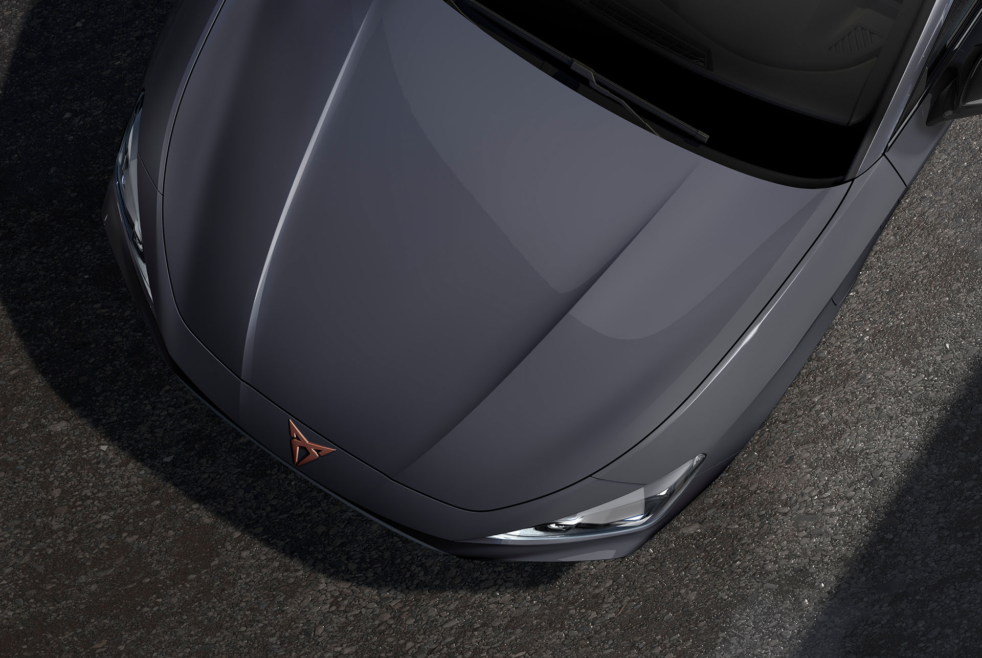 bird’s eye view of a graphene grey new cupra leon 2025 car hood