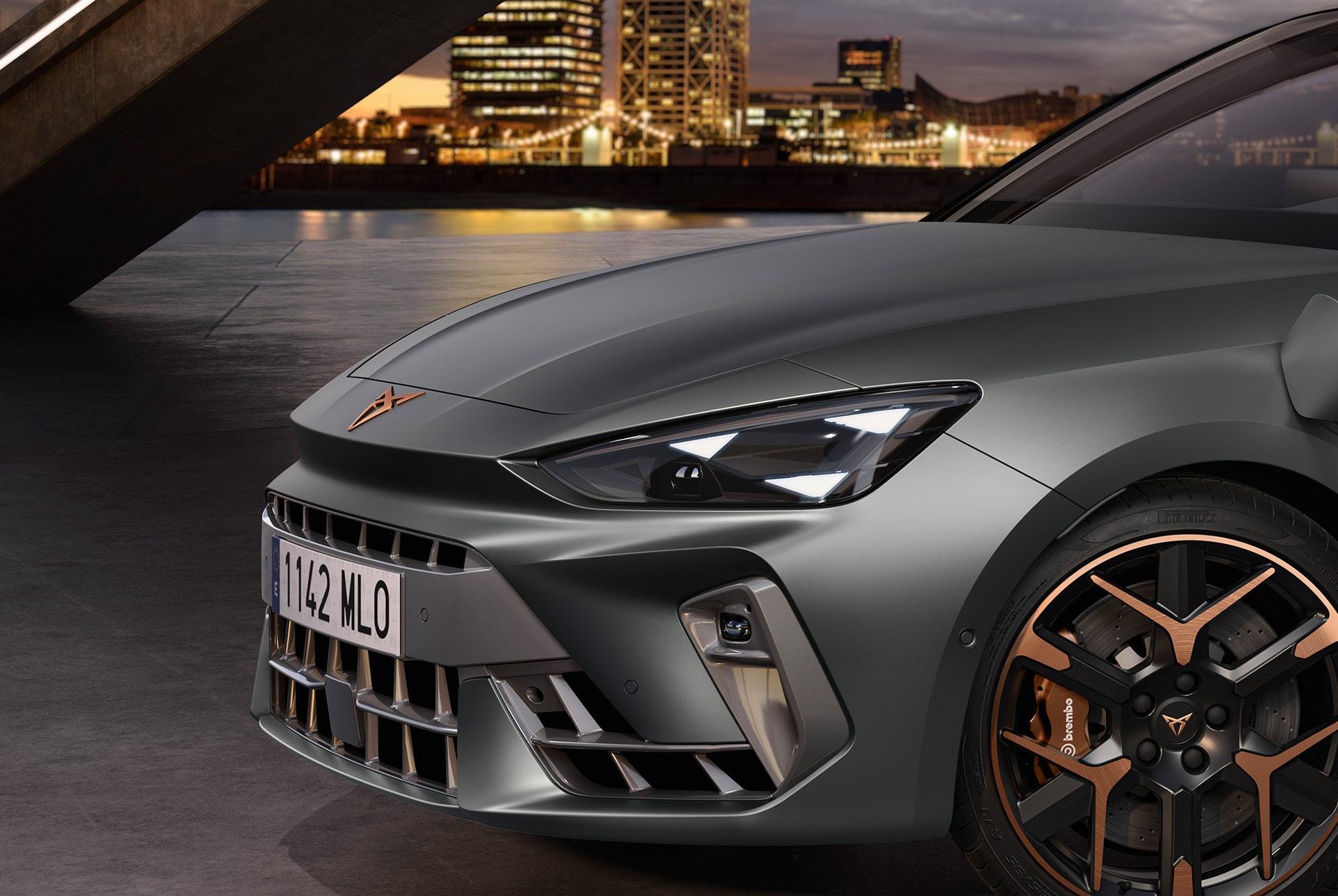 new cupra leon 2025 hybrid car model on charge equipment pack, matrix LED lights, featuring a distinctive signature eye headlights.