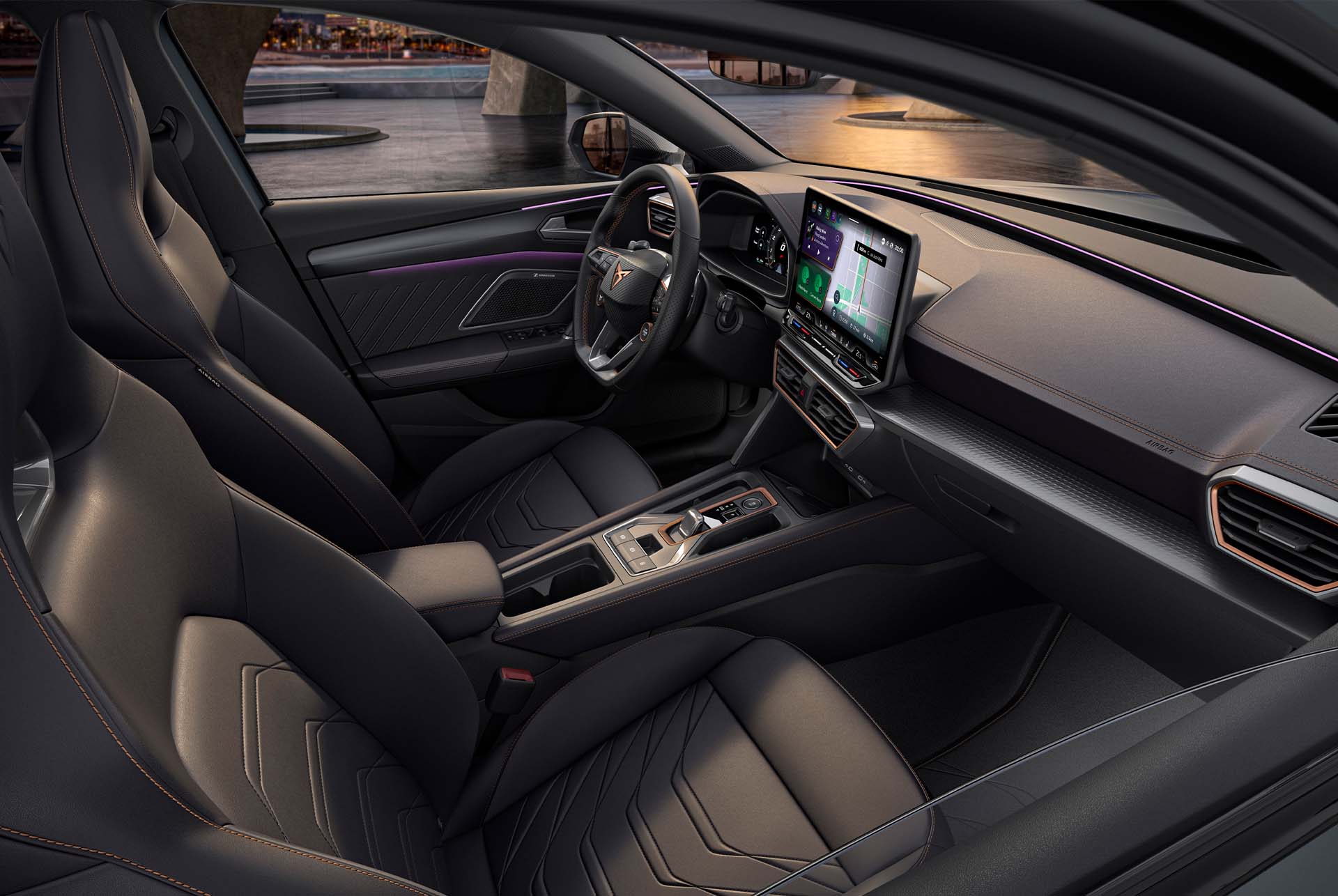 new cupra leon 2025 progressive interior phev car design, bucket seats metallised leather seats with heating and electric with memory settings for the driver and front-seat passenger. 