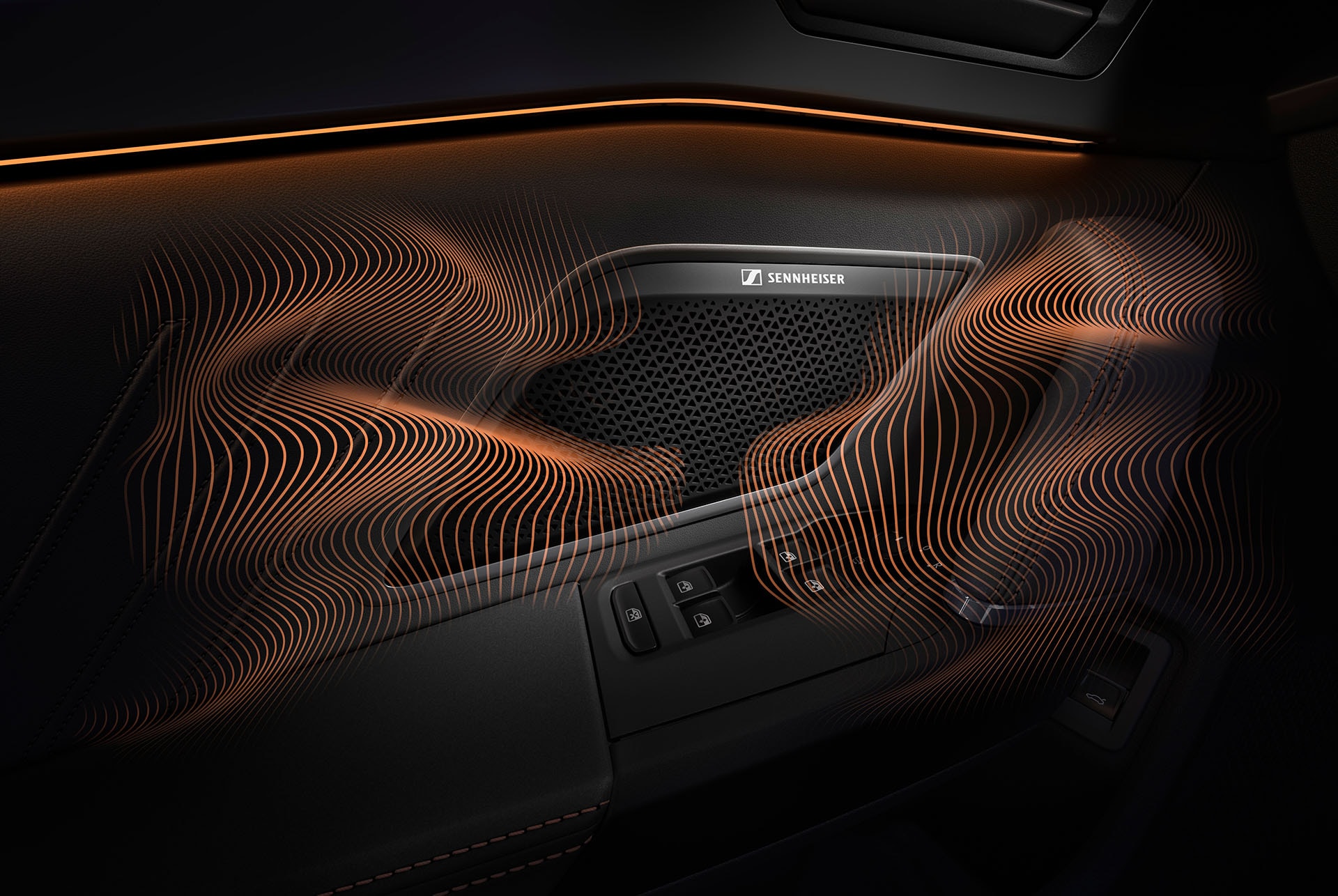 new Cupra Leon 2025 immersive by sennheiser equipment upgrade technology. close up of sennheiser speaker on Cupra Leon door panel, sound waves and ambient lighting.