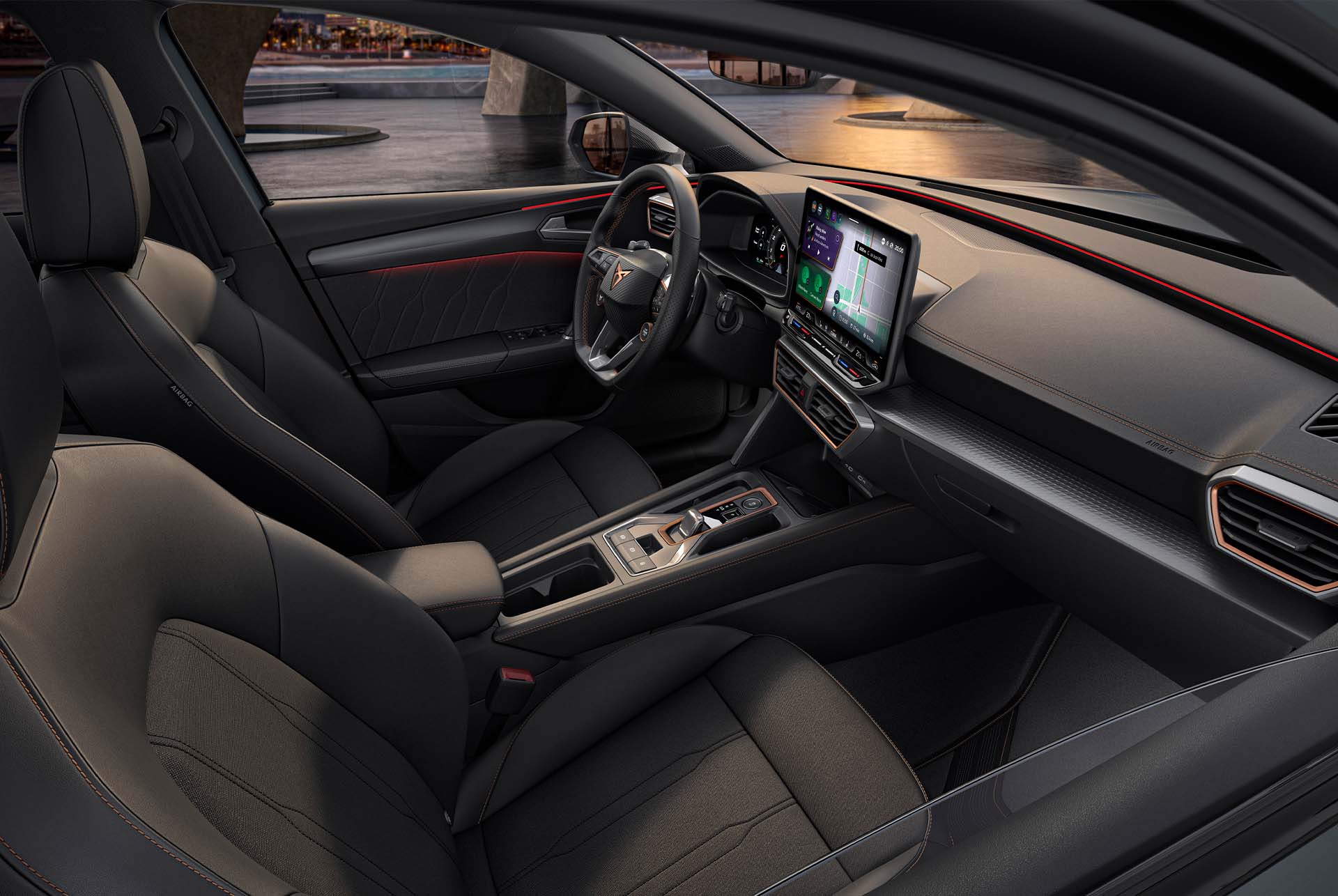 new cupra leon 2025 dynamic interior design, sporty bucket seats, ambient lighting, infotainment
