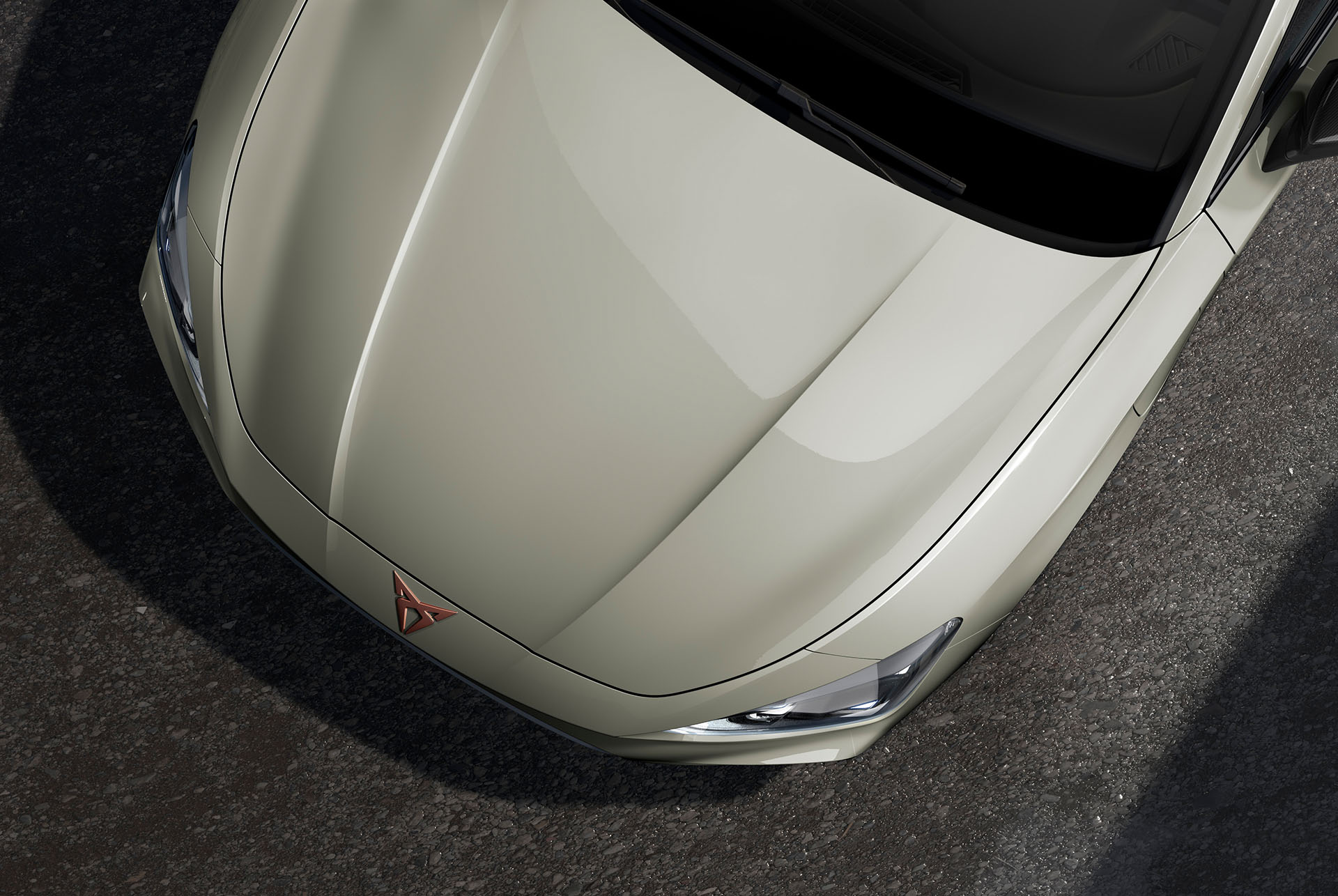 bird’s eye view of a taiga grey new cupra leon 2025 car hood