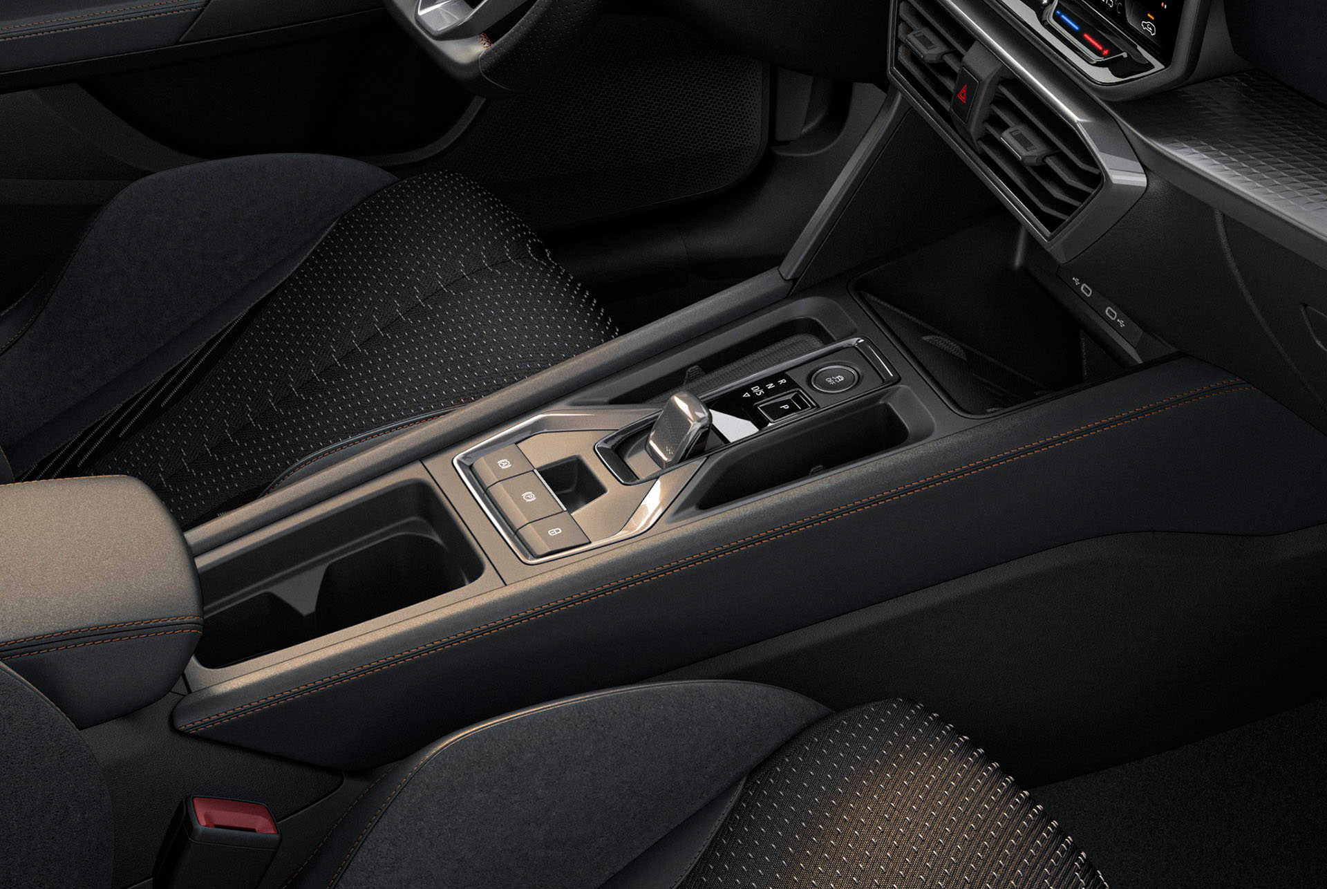 close up of new cupra leon 2025 hybrid car interior design central console, cupra connect controls, copper stitching, black and metallic trim.