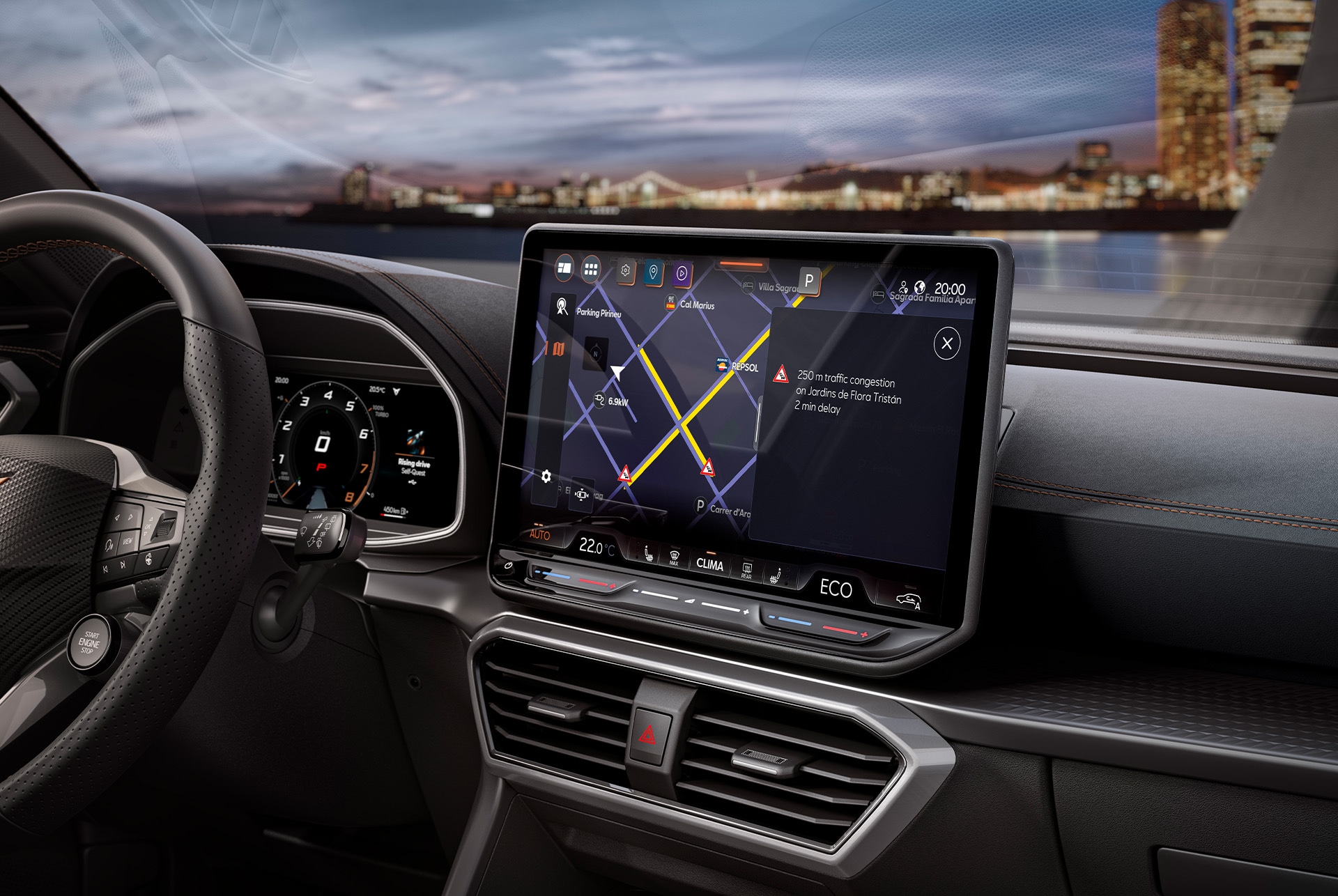 : infotainment screen, wheel, dashboard and air vents of new cupra leon 2025 hybrid vehicle.