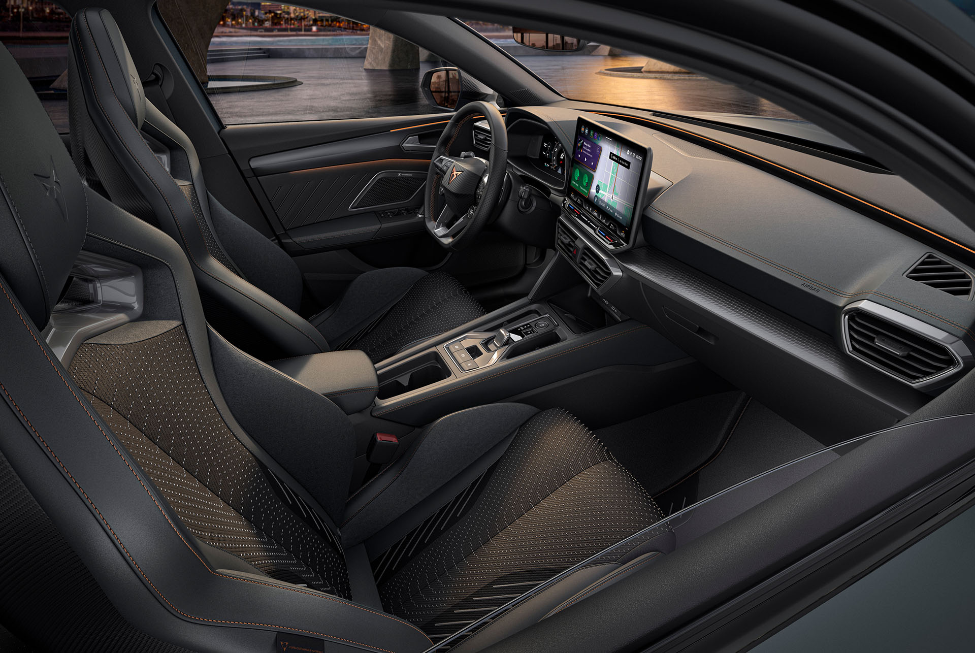 new cupra leon 2025 car interior, infotainment screen, bucket seats, passenger and driver seat.