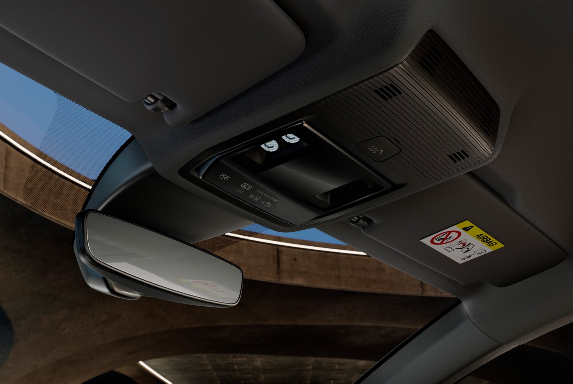 : Interior view of a new cupra leon 2025 car showing the overhead console with a wing mirror, LED car cabin lights,  various controls and cupra connectivity features, including an SOS emergency button.