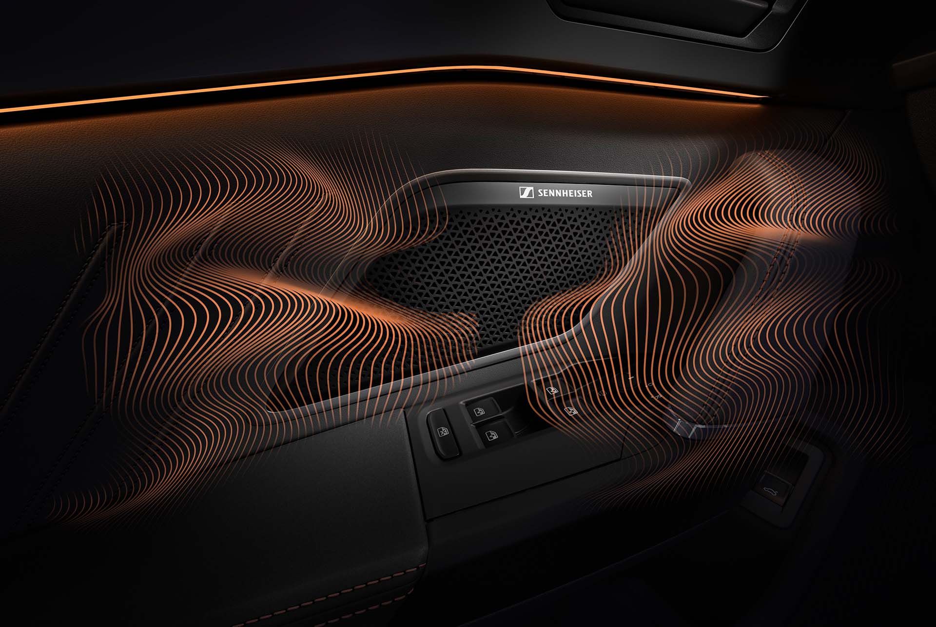 new cupra leon 2025 phev car technology,  immersive by sennheiser equipment. close up of sennheiser speaker on cupra leon door panel, sound waves and ambient lighting.