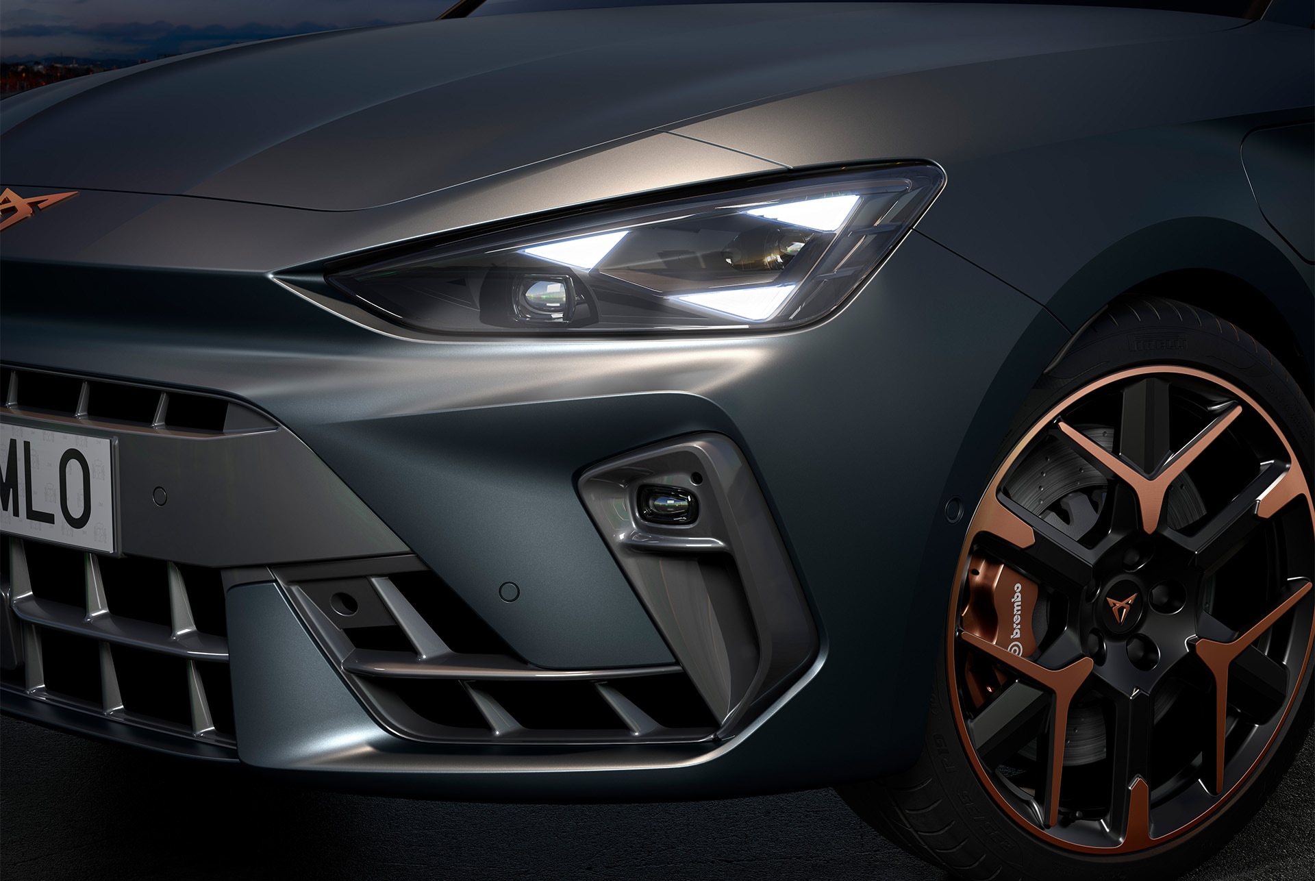 close up of new cupra leon 2025 hybrid car, headlights and 19" hailstorm copper accent forged wheels and enceladus grey matt body