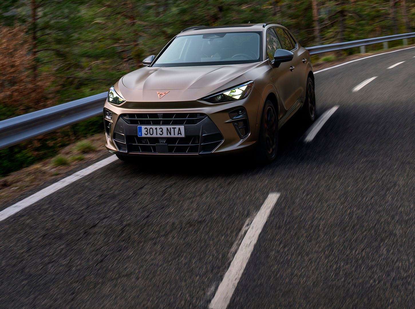 Side shot of the CUPRA Terramar in a road outdoors.