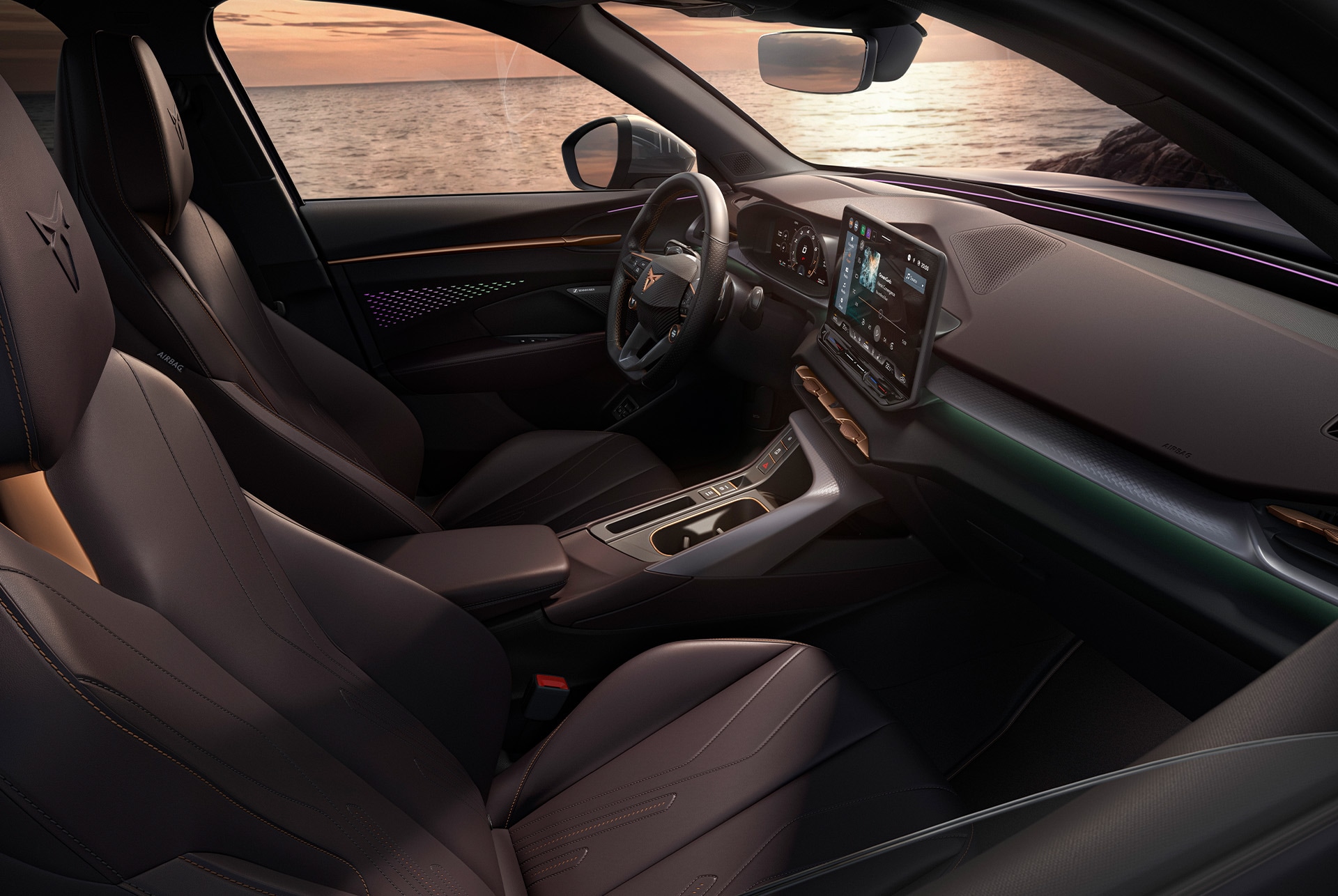 CUPRA Terramar’s interior close-up showing the High Canyon pack details, including heated dark burgundy seats and a dashboard completed with copper accents.