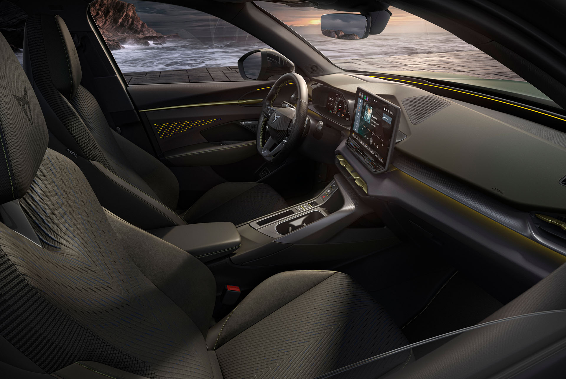 CUPRA Terramar’s interior shot enhanced by the Tribe Edition pack, with sustainable details, such as the upholstery crafted from 100% recycle fabrics.