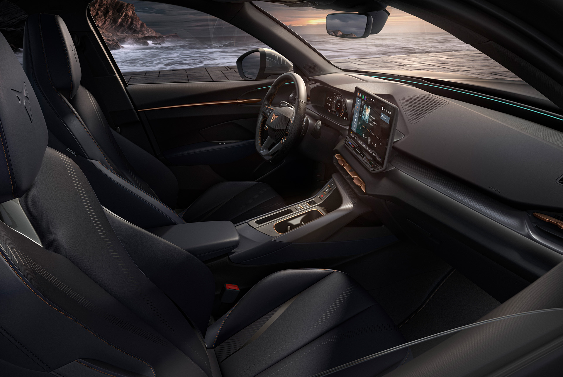 Interior view of the CUPRA Terramar with the Deep Ocean pack, featuring a steel deep blue dashboard with copper details and adjustable sport seats with an upholstery made from recycled marine plastic.