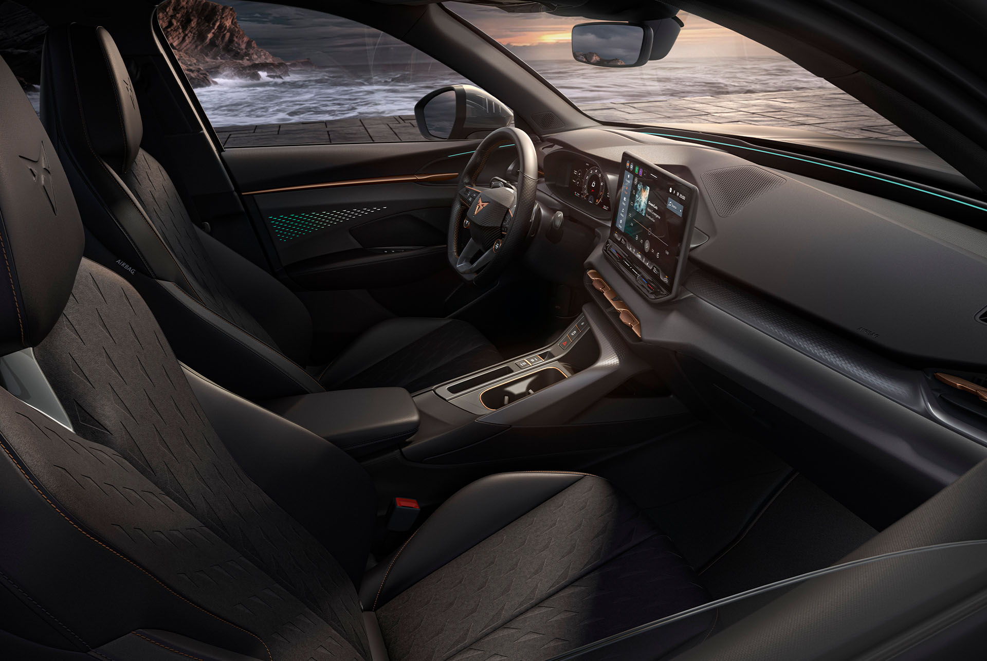 Interior view of the CUPRA Terramar with the Moon Light pack, featuring Dinamica® seats.