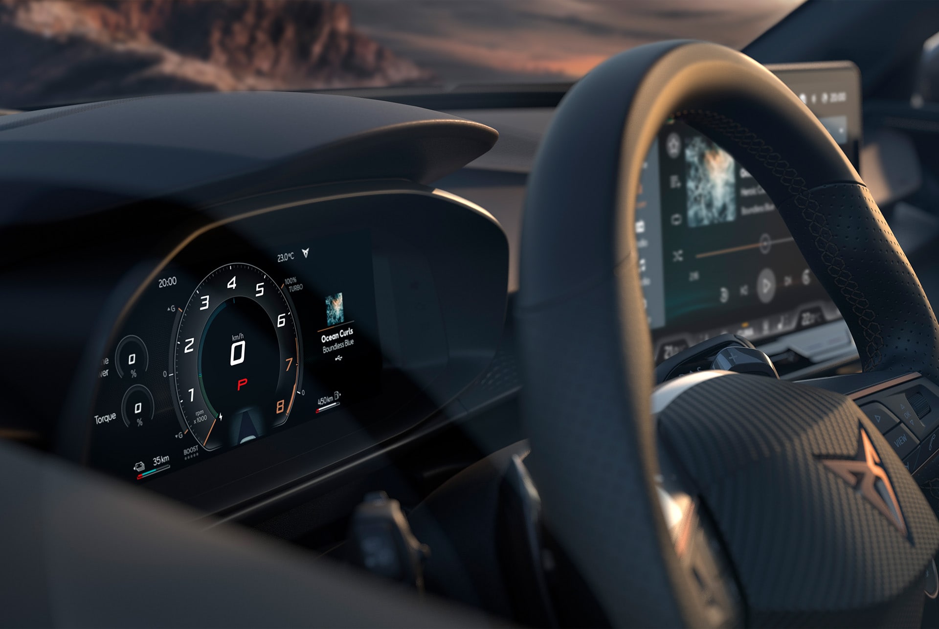 CUPRA Terramar’s dashboard and steering wheel shot with features from the Digital Drive pack.