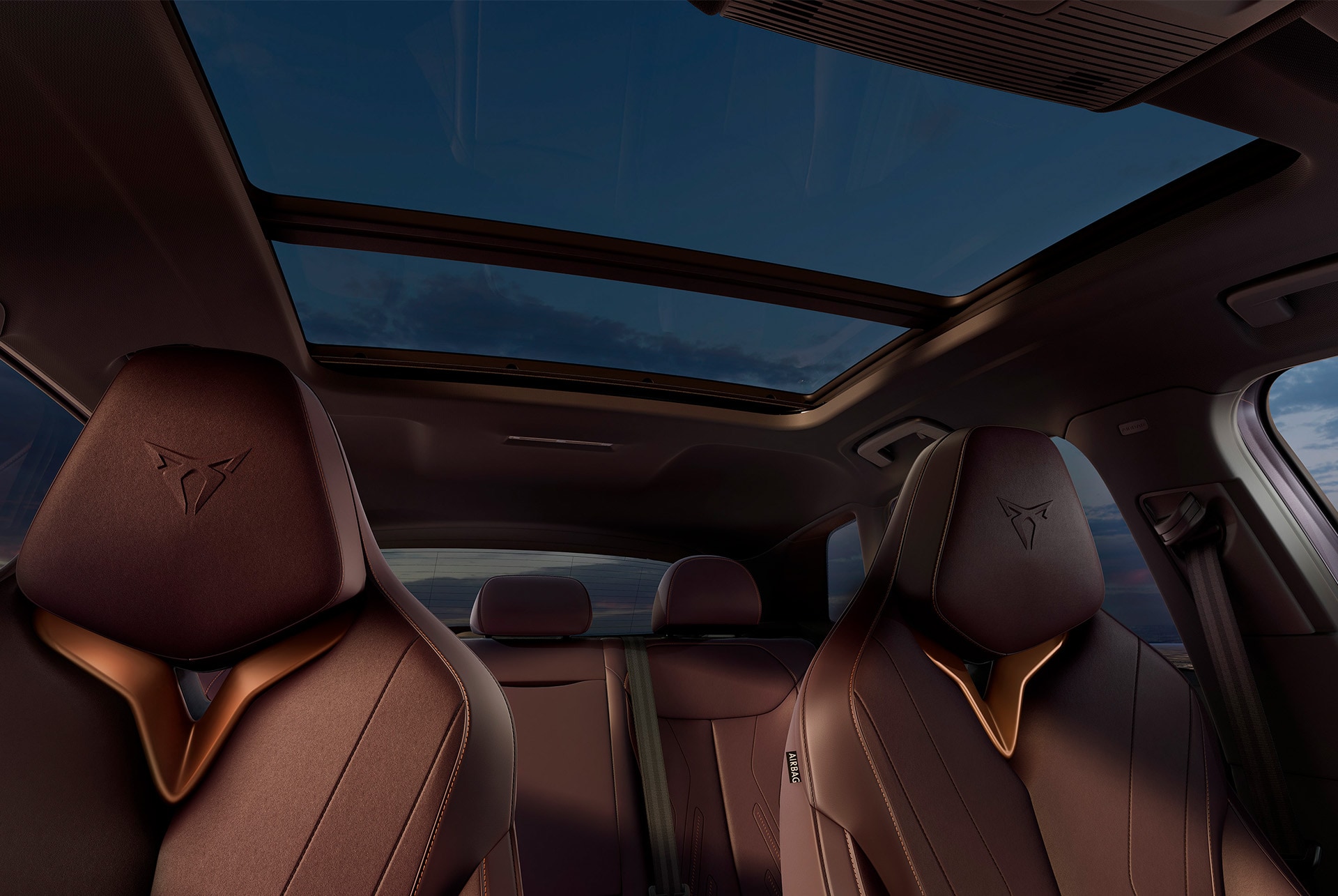 Interior view of the CUPRA Terramar showing the seats and highlighting the panorama electric sunroof, an upgrade from the Skyline pack.