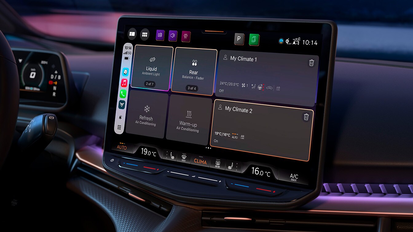 Close-up of the CUPRA Tavascan central infotainment touchscreen displaying the My CUPRA App interface integrated within Apple CarPlay, showing climate control and ambient lighting widgets.